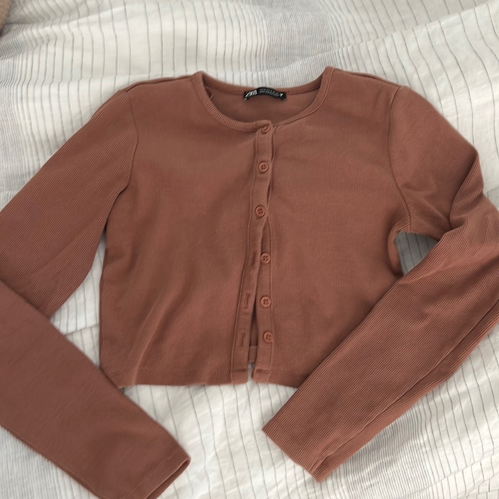 ZARA cotton mauve clay cropped cardigan stretchy size S